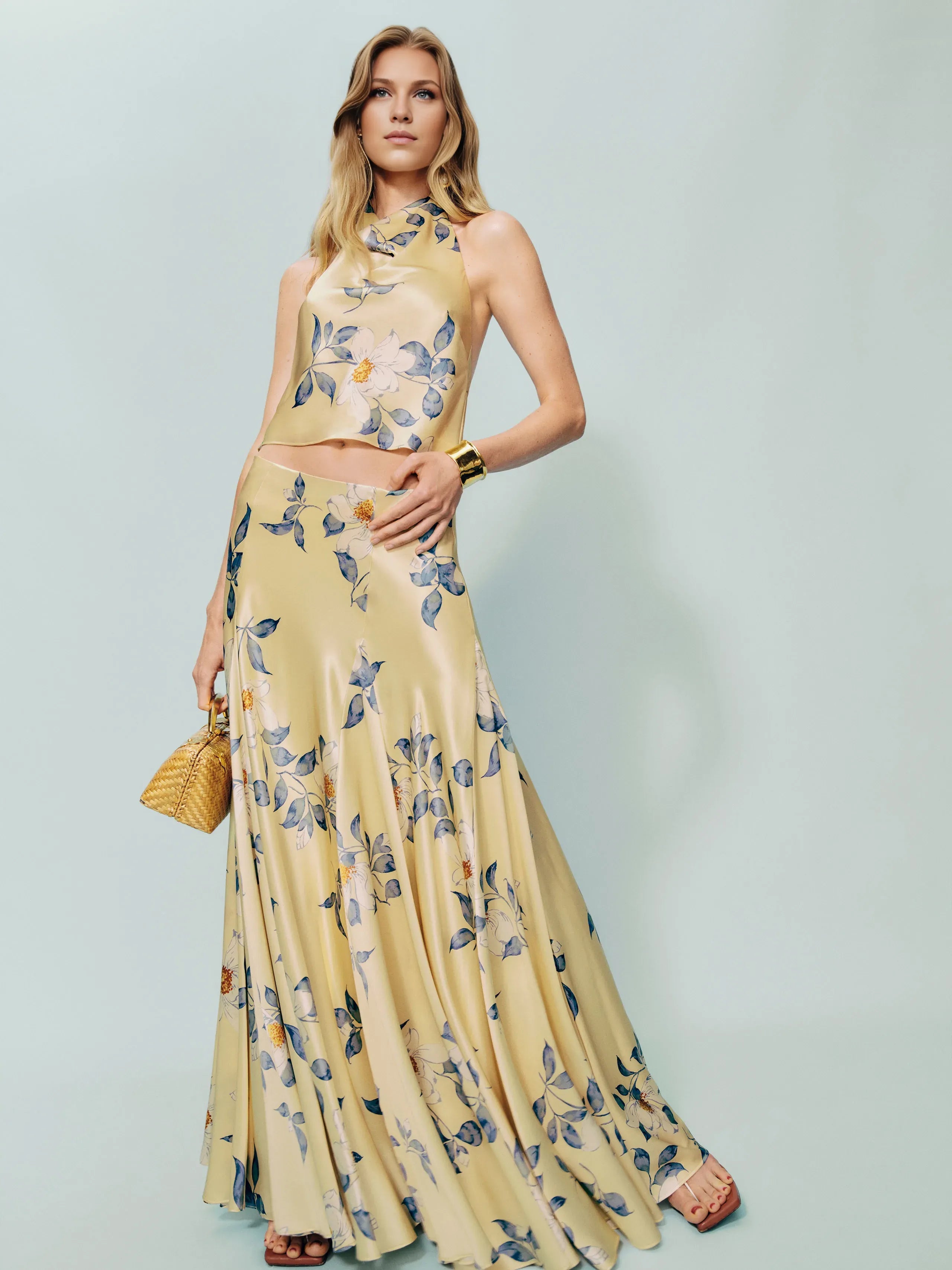 Robe Weitese vintage col bénitier deux pièces sans manches coupe trapèze robe de bal maxi robe dos nu imprimé fleuri robe de soirée